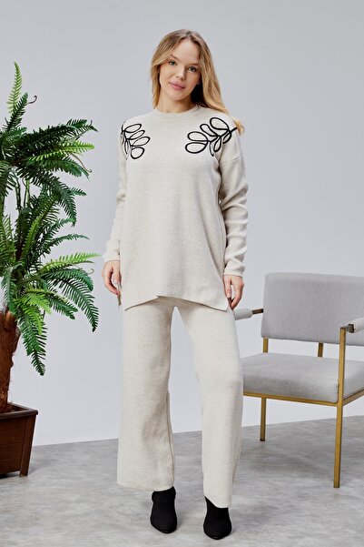 Jinx Wear Fashion Shoulder Leaf Lace Pearl Detail Women's 2-Piece Acrylic Women's Knitwear Set