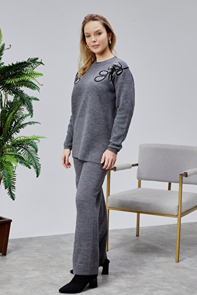 Jinx Wear Fashion Shoulder Leaf Lace Pearl Detail Women's 2-Piece Acrylic Women's Knitwear Set