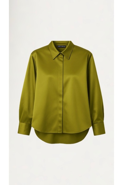 MERT ERKAN Oil Green Silk Satin Loose Chic Shirt