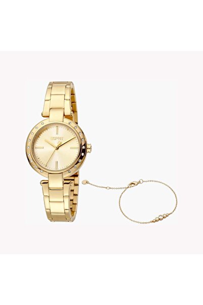 Esprit ساعة نسائية من الفولاذ المقاوم للصدأ باللون الذهبي، ميناء بلون الشمبان...