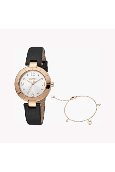 Esprit Women's Black Leather Watch, Silver Dial | Es1l204m0015