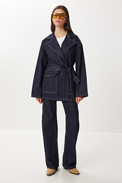 Lovelyİstanbul Belted Denim Jacket Pants Set Lri0013 Dark Blue