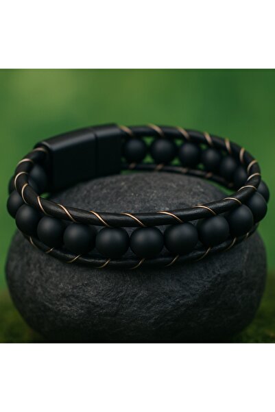 voyageaccessory Double Layer Weave Design, Men's Matte Onyx Stone Leather Bracelet with Magnetic Clip
