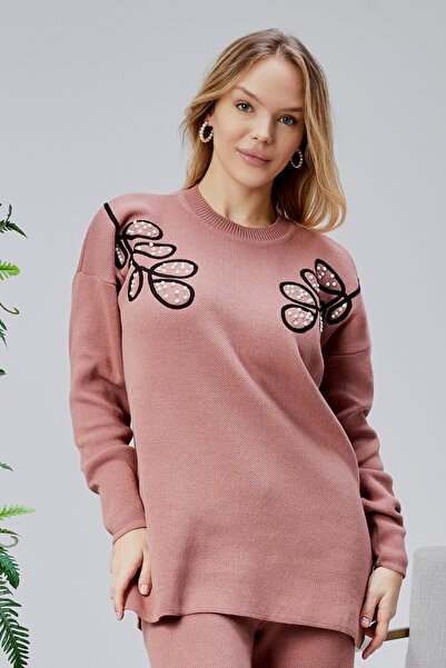 Jinx Wear Fashion Shoulder Leaf Lace Pearl Detail 2-Piece Acrylic Women's Knitwear Set