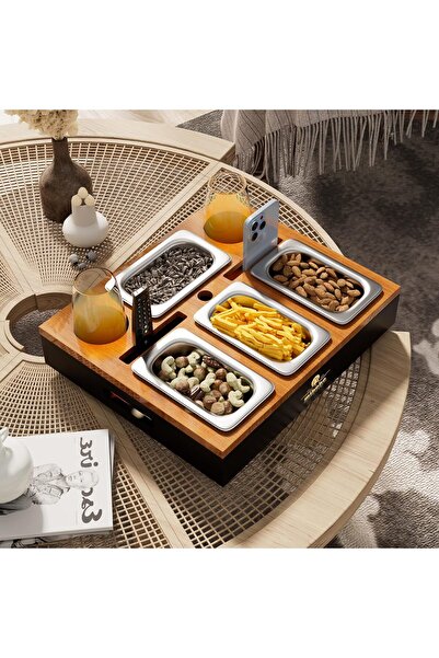 OEM Mihoho serving tray, 40x34x8 cm, wood and stainless steel, 6 compartments, black and brown