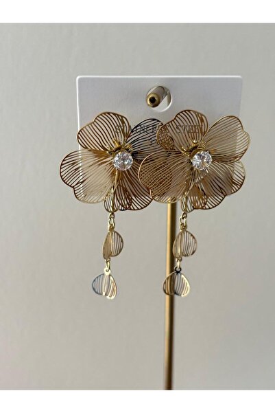 marsel aksesuar Flower Model Thin Plate Stone and Heart Detail Dangle Gold Steel Earrings