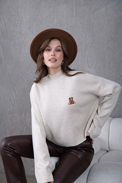Noi Belis Oversized Teddy Bear Detailed Mock Neck Knitwear Sweater Aw25Kz0073