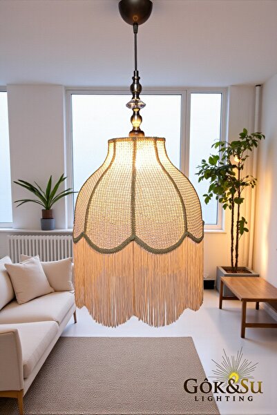 Göksu Lighting Retro Vintage Rattan Püsküllü Sarkıt Avize - Salon Oturma Odası