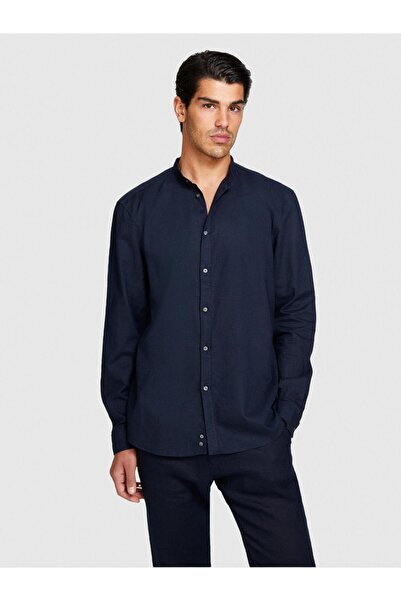 Sisley Сорочка з льону та бавовни з коміром-стійкою, прямий крій, чоловіча, синя сорочка - 324P59A2SQ03J