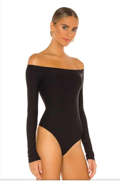 bysoca Kadın Siyah Straplez Madonna Yaka Düşük Omuz Uzun Kollu Tanga Kesim Esnek Sandy Bodysuit