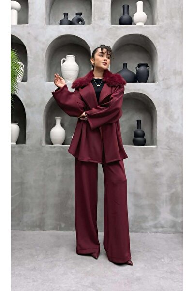 Cardella Premium Skuba Belted Jacket Set with Fur Collar – Hijab Compatible Two-Piece Set with Zippered Sleeve Detail