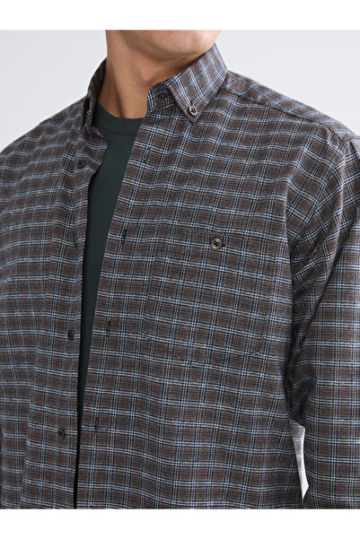 LC Waikiki Brown Regular Fit Long Sleeve Plaid Gabardine Men's Shirt