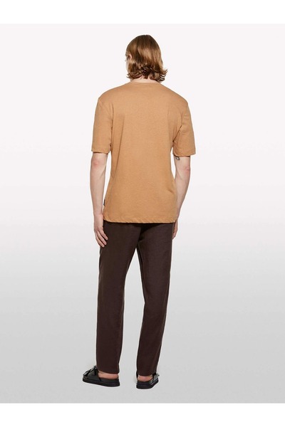 Sisley 100% Linen Waist Drawstring S Slim Fit Trousers Men's Brown Trousers - 325P4Aghsf043