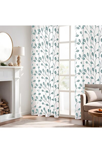 OEM Set of 2 MIULEE curtains, 140 x 260 cm, transparent, with rings, leaf pattern, white and turquoise