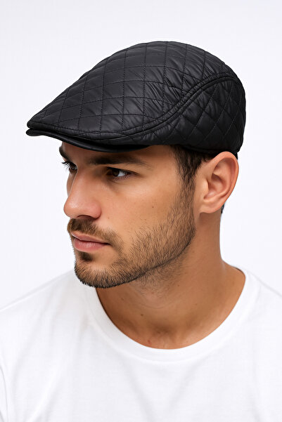 ZERAMİNE Men's Quilted Cap Hat |   Winter Flat Cap |   Leather-Look Black