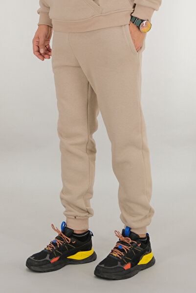 Souris Ανδρικό μπεζ παντελόνι αθλητικού τύπου Άνετο κοψίματος 3 κλωστών επένδυση fleece με κορδόνι στη μέση