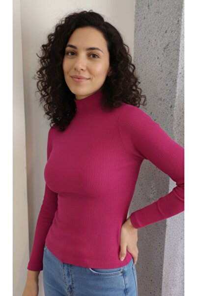 moda felinya Fuchia Half Fishnet Ribbed Non-Wrinkle Fabric Women's Bathing Suit (Slim Fit)