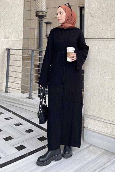 MAXXANA Lace-Up Loose Fitting Bat Sleeve Ribbed Knitwear Dress for Size 38-44