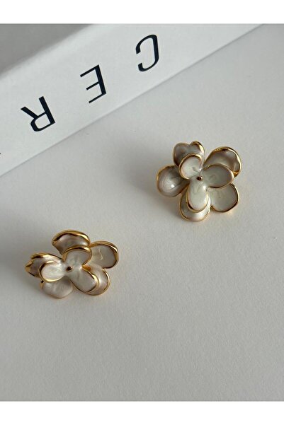 marsel aksesuar White Flower Enamel Gold Vip Steel Earrings