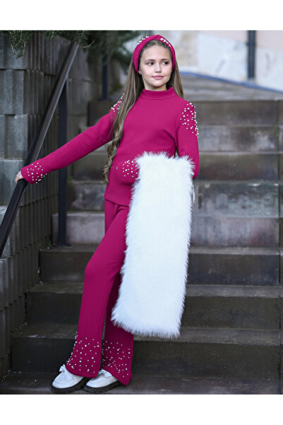 UZUN BUTİK Kids Girl's Fur Vest and Pearl-Detail Knitwear Set with Pearl-Bandana