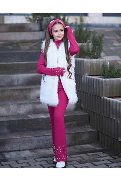 UZUN BUTİK Kids Girl's Fur Vest and Pearl-Detail Knitwear Set with Pearl-Bandana