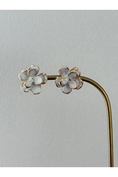 marsel aksesuar White Flower Enamel Gold Vip Steel Earrings