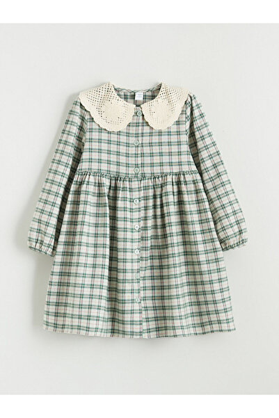 LC Waikiki Lcw Kids Green Peter Pan collar Plaid Pattern Flannel Girls' Dress
