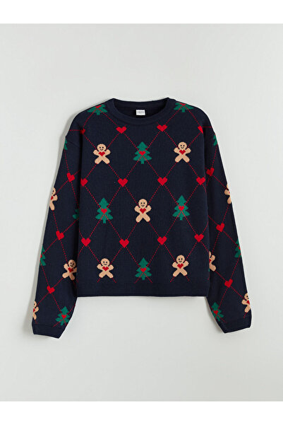 LC Waikiki Lcw Kids Navy Blue Crew Neck Christmas Themed Girl's Knitwear Sweater