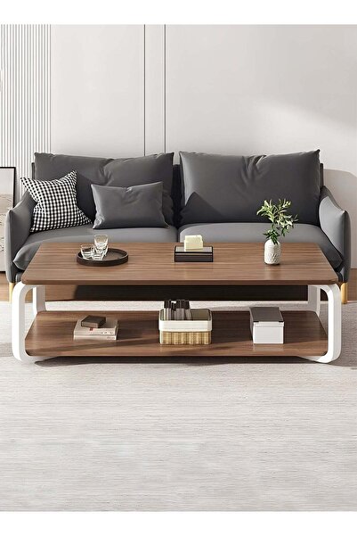 Taimi 2-layers Modern Center Table With Elegant Design-brown Coffee Table and White Meta Frame 100x50x43cm
