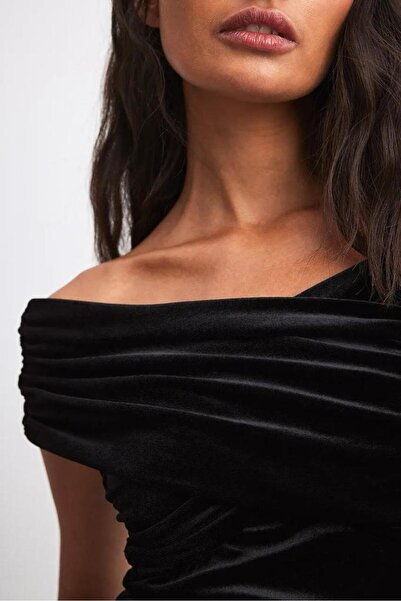 World Fashion Trends 2902 Velvet Cross-Over Shoulder and Ruched Velvet Blouse