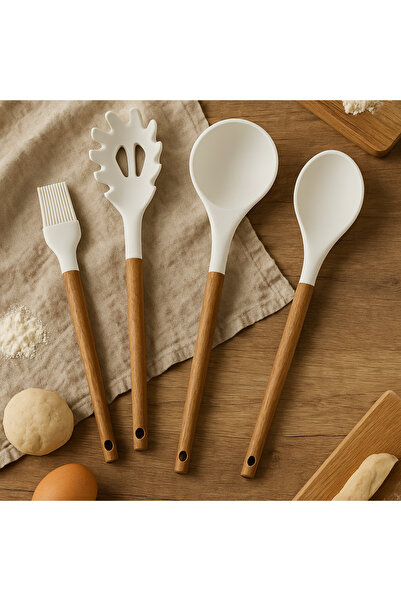 DailyHome Akasya Saplı Silikon 4’lü Mutfak Gereç Seti – Fırça, Kepçe, Servis Kaşığı, Spagetti Kaşığı