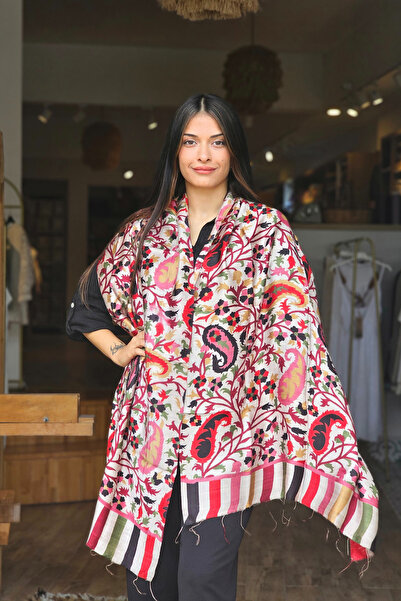 İpek Kırmızı Pembe Şal Desen Baş Örtüsü