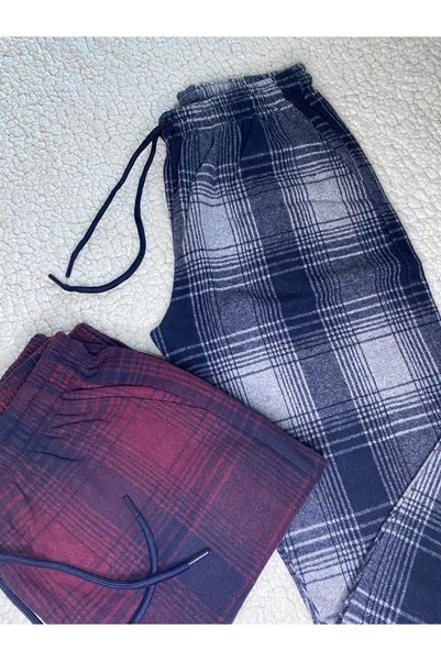 DÜVEN 2 bucăți de pantaloni de pijama din țesătură jacquard pentru iarnă, pentru femei, bărbați, unisex, culoare antracit și vișiniu