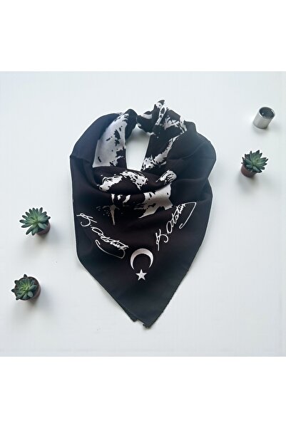 ALS Tasarım Dünyası Black Color 100% Cotton Ataturk Portrayed and Signed 55X55 Bandana, October 29, April 23