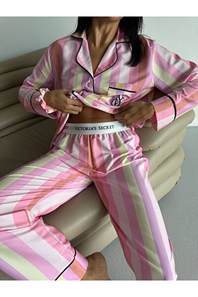 eboxluxury Satin pajamas with fine stripes and lapel collar