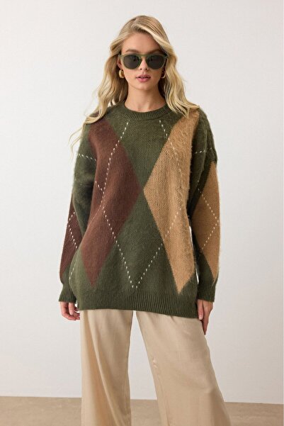 MODA Diamond Patterned Green Knitwear Sweater