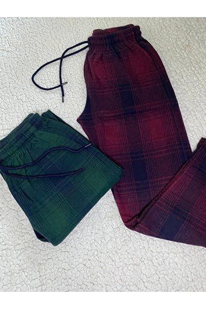DÜVEN 2 Pieces Jacquard Fabric Winter Women's Men's Unisex Burgundy & Green Color Tracksuit Pajama Bottoms