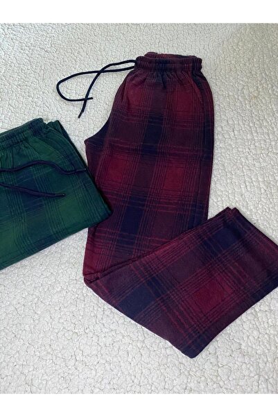 DÜVEN 2 Pieces Jacquard Fabric Winter Women's Men's Unisex Burgundy & Green Color Tracksuit Pajama Bottoms
