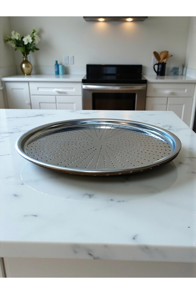 MyBru Paslanmaz Çelik Delikli Pizza Fırın Tepsisi Lahmacun Fırın Tepsisi 34 Cm