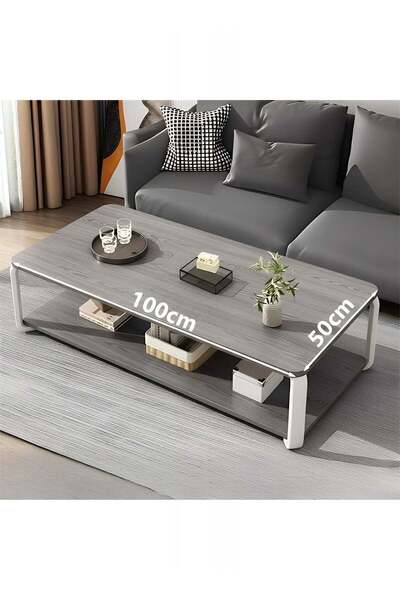 Taimi 2-layers Modern Center Table With Elegant Design-Gray Coffee Table and White Meta Frame 100x50x43cm