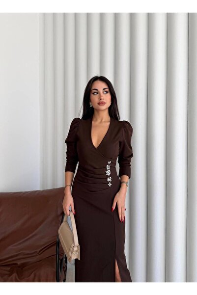 maf collection Women's Brown Double-Breasted Collar Draped Slit Detail Long Evening Dress