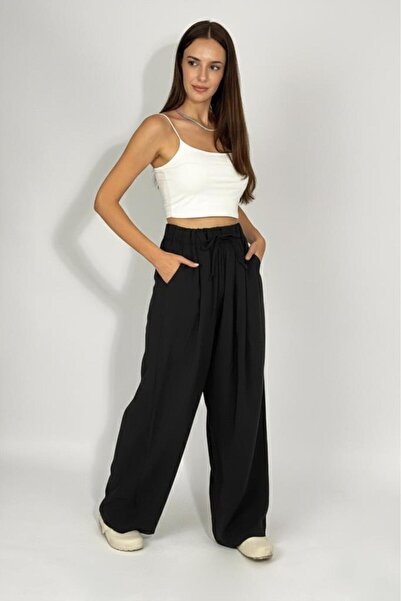 Betimoda Women's Woven Modal Elastic Waist Wide Leg Pocketed Drawstring P Palazzo Pants Black