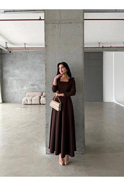 maf collection Women's Brown Bow Detail Square Neck Maxi Length Long Evening Dress