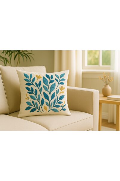 MİNOZA Decorative Throw Pillow Cover with Digital Printed Punch Embroidery Look Leaf Pattern