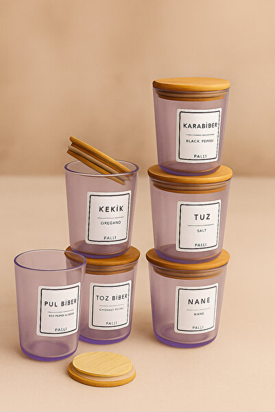 Fhilli Motto - Purple Glass Storage Container Spice Jar Set with 6 Bamboo Vacuum Lids and Labels Gift, 315 ml