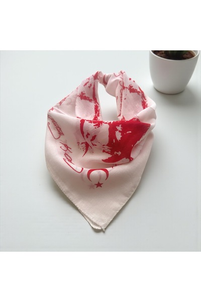 ALS Tasarım Dünyası White Color 100% Cotton Bandana with Atatürk Portrait and Signature 55X55, October 29, April 23