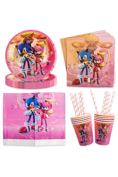 Gxhong Set de vesela petrecere pentru 10 invitati, Sonic, farfurii, pahare, servetele, paie, fata de masa