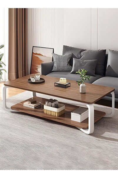 Taimi 2-layers Modern Center Table With Elegant Design-brown Coffee Table and White Meta Frame 100x50x43cm