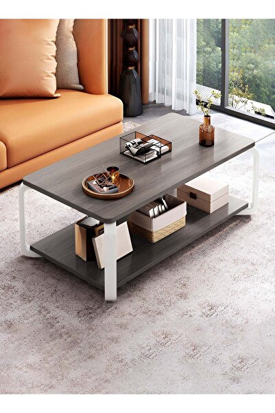 Taimi 2-layers Modern Center Table With Elegant Design-Gray Coffee Table and White Meta Frame 100x50x43cm