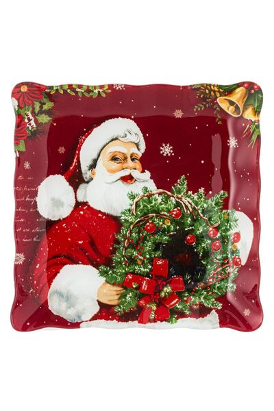 OEM Farfurie Patrata de Craciun din Sticla cu Model Mos Craciun & Coronita pe...